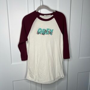 Obey Women's Raglan Baseball Tee - Cream with Burgundy Sleeves